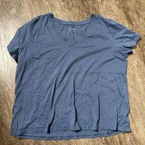 Pact V-Neck T-Shirt Women Large Blue Organic Cotton Short Sleeve Relaxed Tee